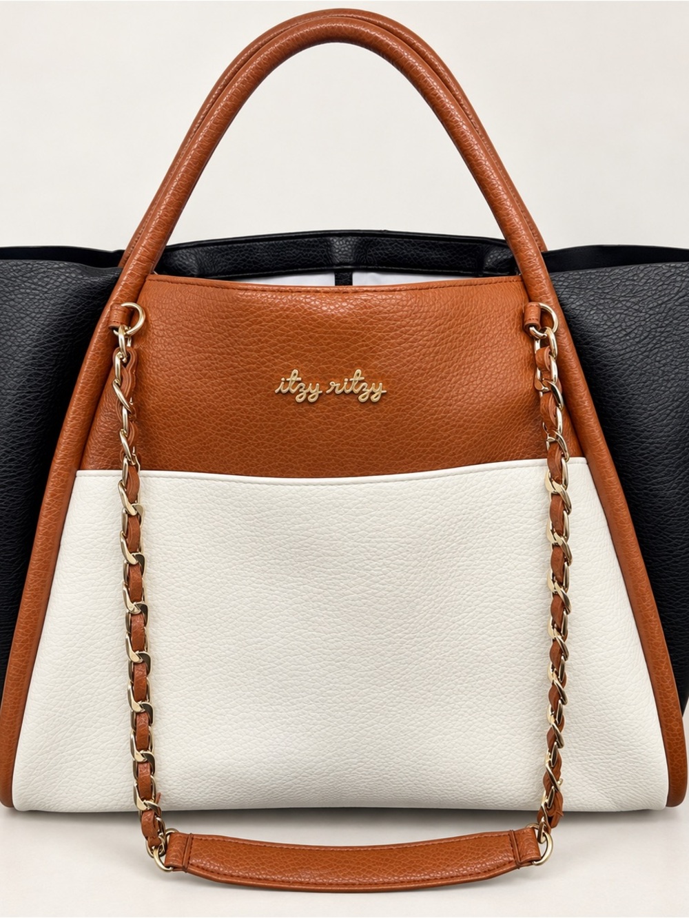 Itzy Ritzy Tricolor Boss Tote Black Brown Cream Gold Chain